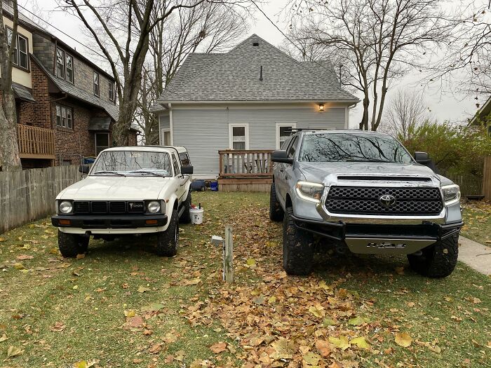 Left - 1980 Toyota Pickup. 40 Years Later A Toyota Pickup. Both 1/2 Ton Trucks