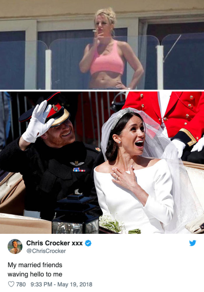 Single life meme: Woman in pink top looking out, while a royal couple waves, captioned "My married friends waving hello."