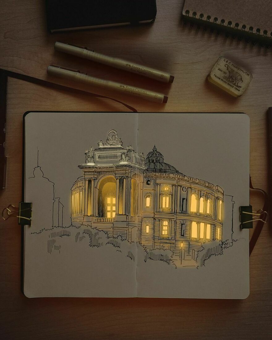 Artist Creates Incredibly Illuminated Architectural Drawings (12 Pics)