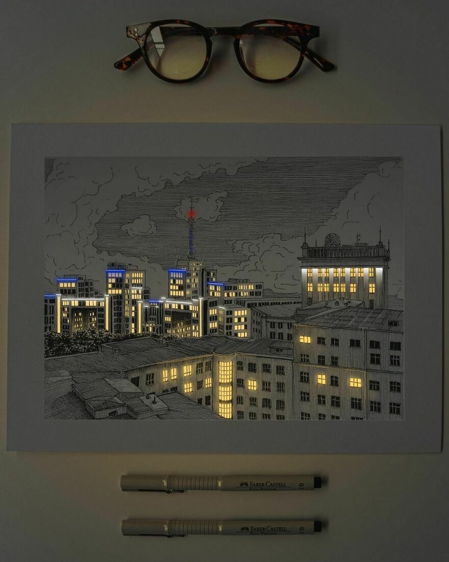 Artist Creates Incredibly Illuminated Architectural Drawings (12 Pics)