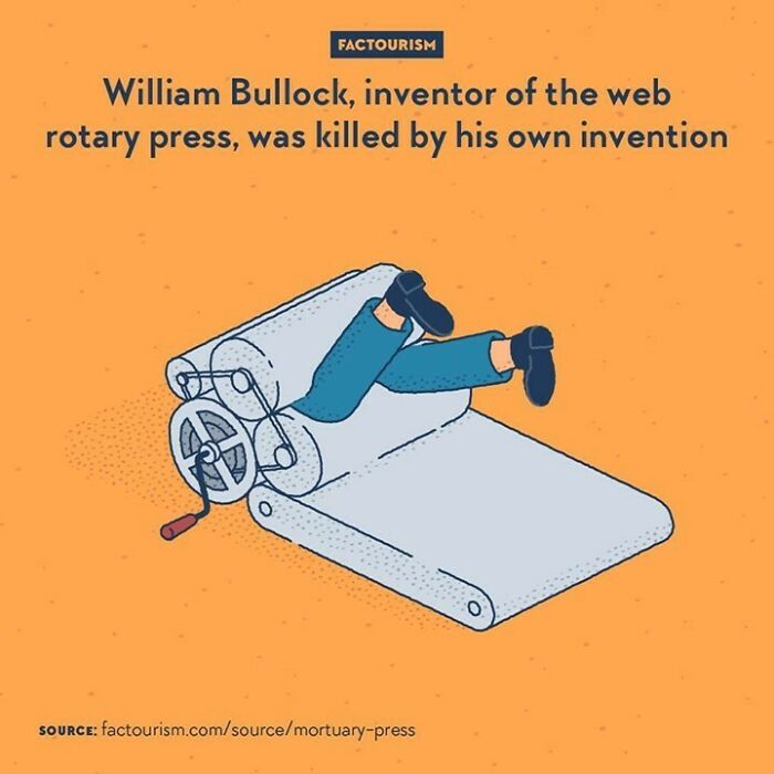 William Bullock, Inventor Of The Web Rotary Press, Was Killed By His Own Invention⁠
⁠
⁠{weekend Repost}⁠
the History Of Printing Is Rich And Black-And-White. It Includes This Bit From The 1860s: William Bullock, An American Inventor Known For Improving The Rotary Press And Turning It Into A Machine Capable Of Printing Up To 12,000 Pages An Hour, Died After He Kicked His Invention And Got His Leg Caught And Crushed In The Device.⁠