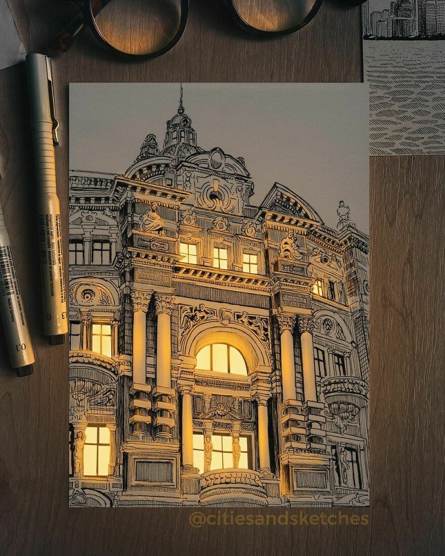 Artist Creates Incredibly Illuminated Architectural Drawings (12 Pics)