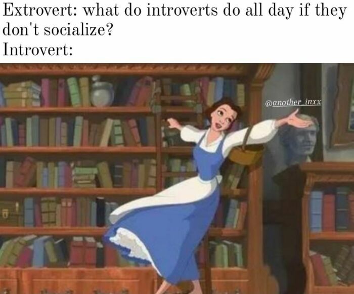 Animated character dancing happily in a library, illustrating introvert humor in a funny introvert memes image.