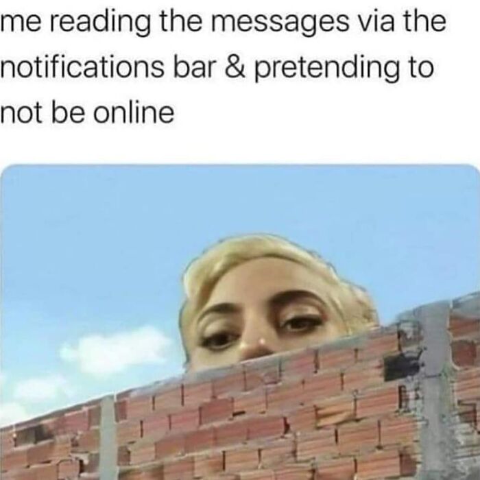 Person peeking over a brick wall with caption about reading messages discreetly, related to funny introvert memes.