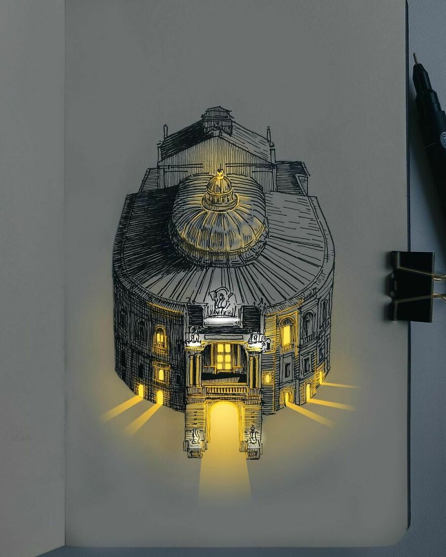 Artist Creates Incredibly Illuminated Architectural Drawings (12 Pics)