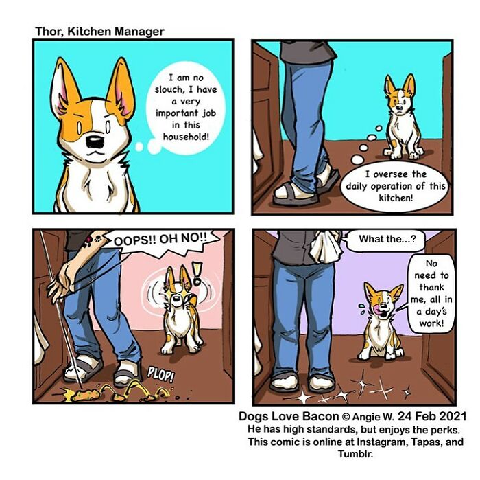 Comic strip featuring an adopted dog humorously overseeing household tasks, highlighting life with two adopted dogs.