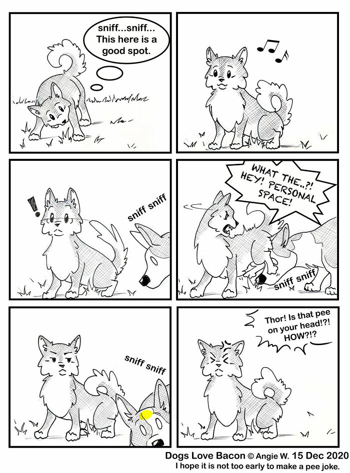 Black and white comic showing two adopted dogs interacting and sniffing each other, depicting relatable rescue dog life moments.