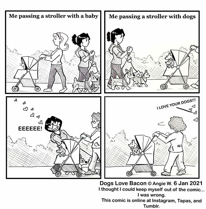 Comic panels showing life with adopted dogs, comparing reactions to strollers with babies versus dogs in relatable rescue tales.