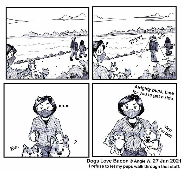 Comic strip showing relatable moments with two adopted dogs at the beach in a rescue tales style.