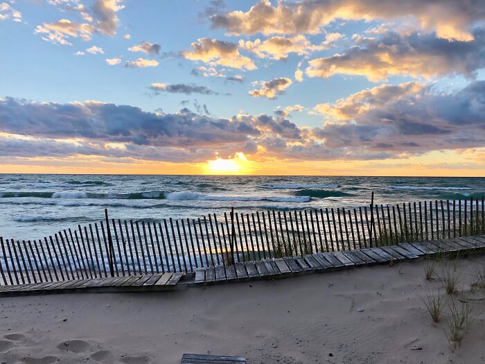 Lake Michigan At Sunset.