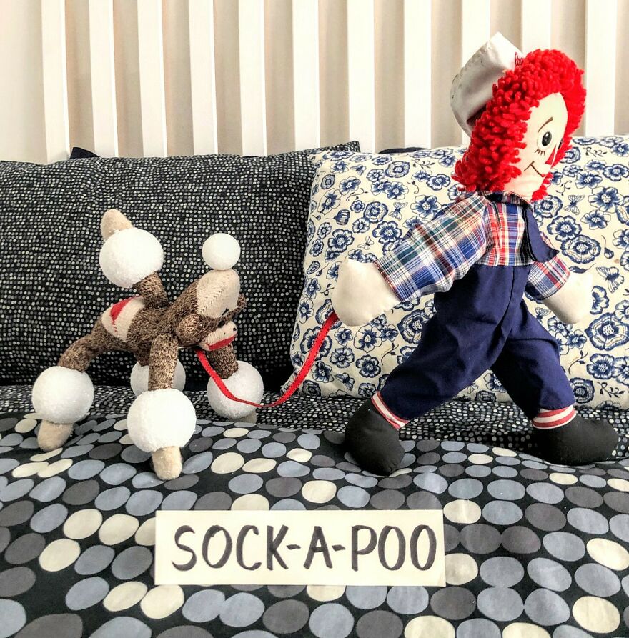 Since Covid Began, I Have Tried To Make My Wife Laugh Every Day By Creating Amusing Situations With A Sock Monkey. Here Are 40.