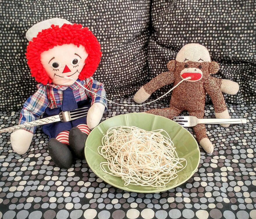 Since Covid Began, I Have Tried To Make My Wife Laugh Every Day By Creating Amusing Situations With A Sock Monkey. Here Are 40.