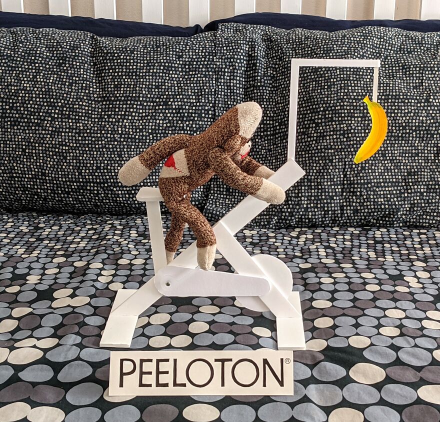 Since Covid Began, I Have Tried To Make My Wife Laugh Every Day By Creating Amusing Situations With A Sock Monkey. Here Are 40.