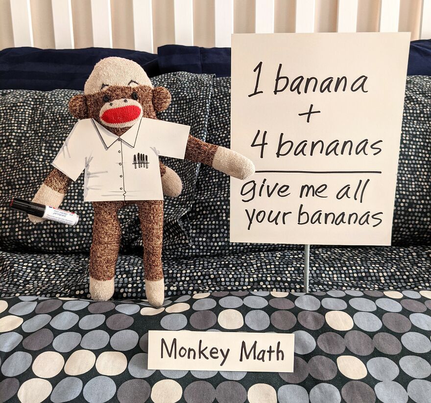 Since Covid Began, I Have Tried To Make My Wife Laugh Every Day By Creating Amusing Situations With A Sock Monkey. Here Are 40.