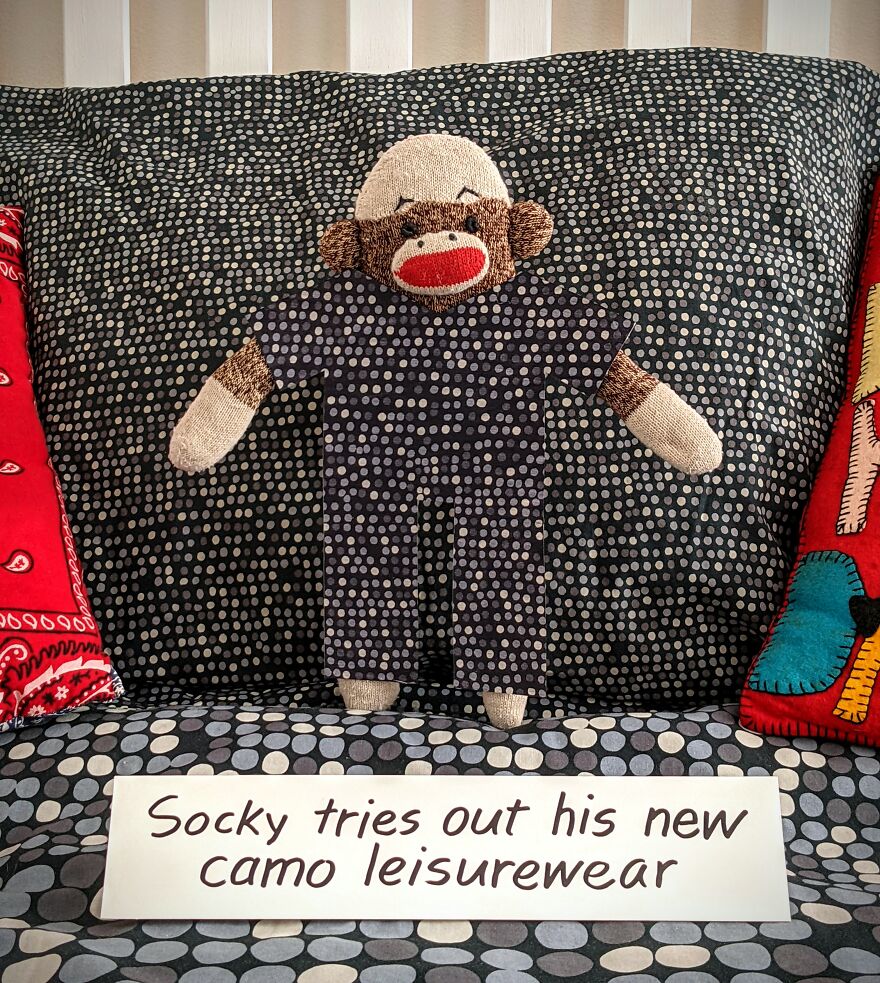 Since Covid Began, I Have Tried To Make My Wife Laugh Every Day By Creating Amusing Situations With A Sock Monkey. Here Are 40.