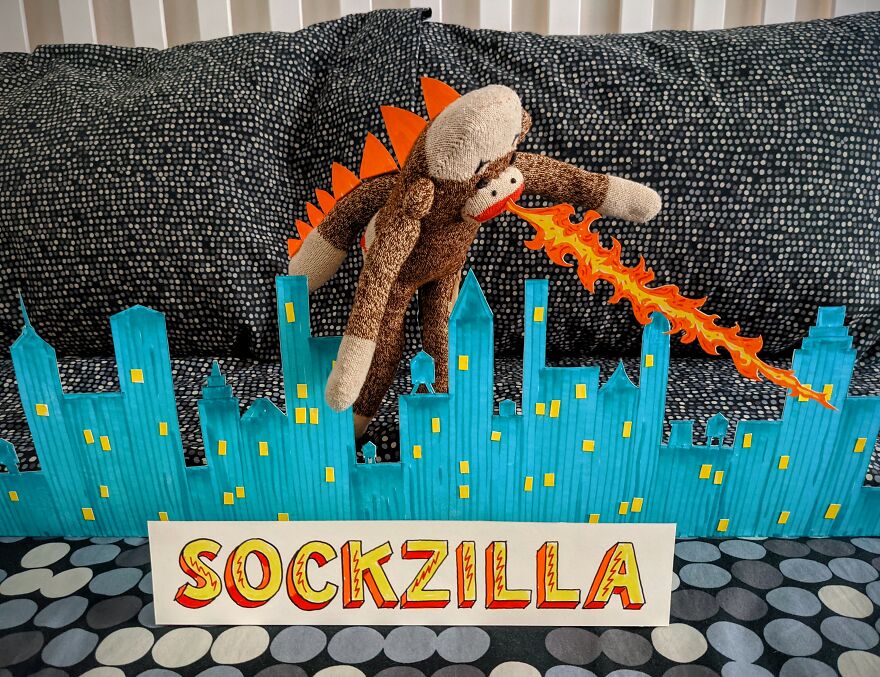 Since Covid Began, I Have Tried To Make My Wife Laugh Every Day By Creating Amusing Situations With A Sock Monkey. Here Are 40.