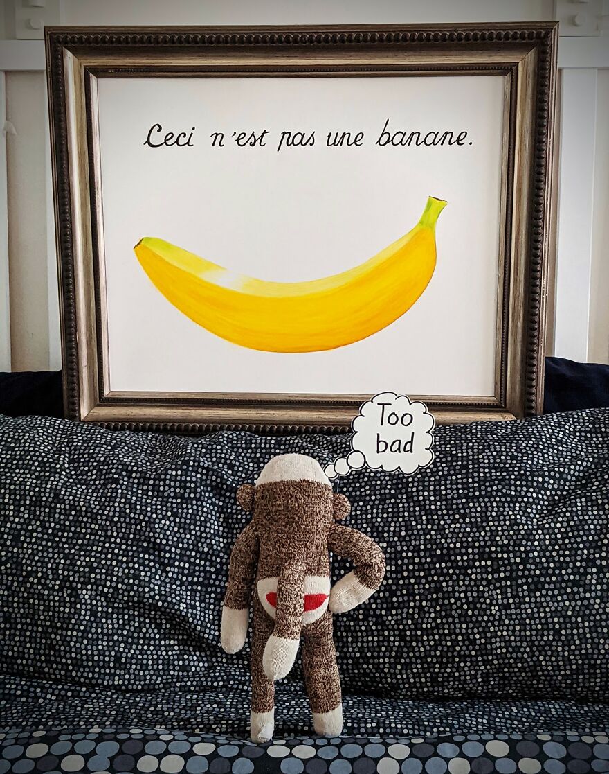 Since Covid Began, I Have Tried To Make My Wife Laugh Every Day By Creating Amusing Situations With A Sock Monkey. Here Are 40.