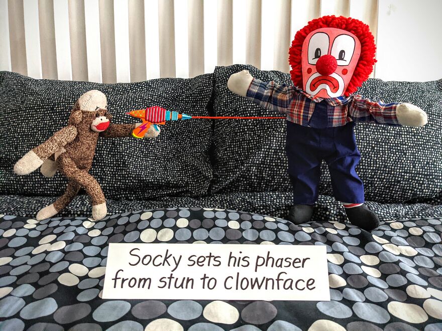 Since Covid Began, I Have Tried To Make My Wife Laugh Every Day By Creating Amusing Situations With A Sock Monkey. Here Are 40.