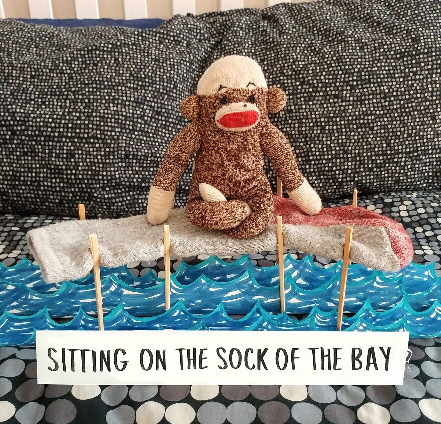 Since Covid Began, I Have Tried To Make My Wife Laugh Every Day By Creating Amusing Situations With A Sock Monkey. Here Are 40.