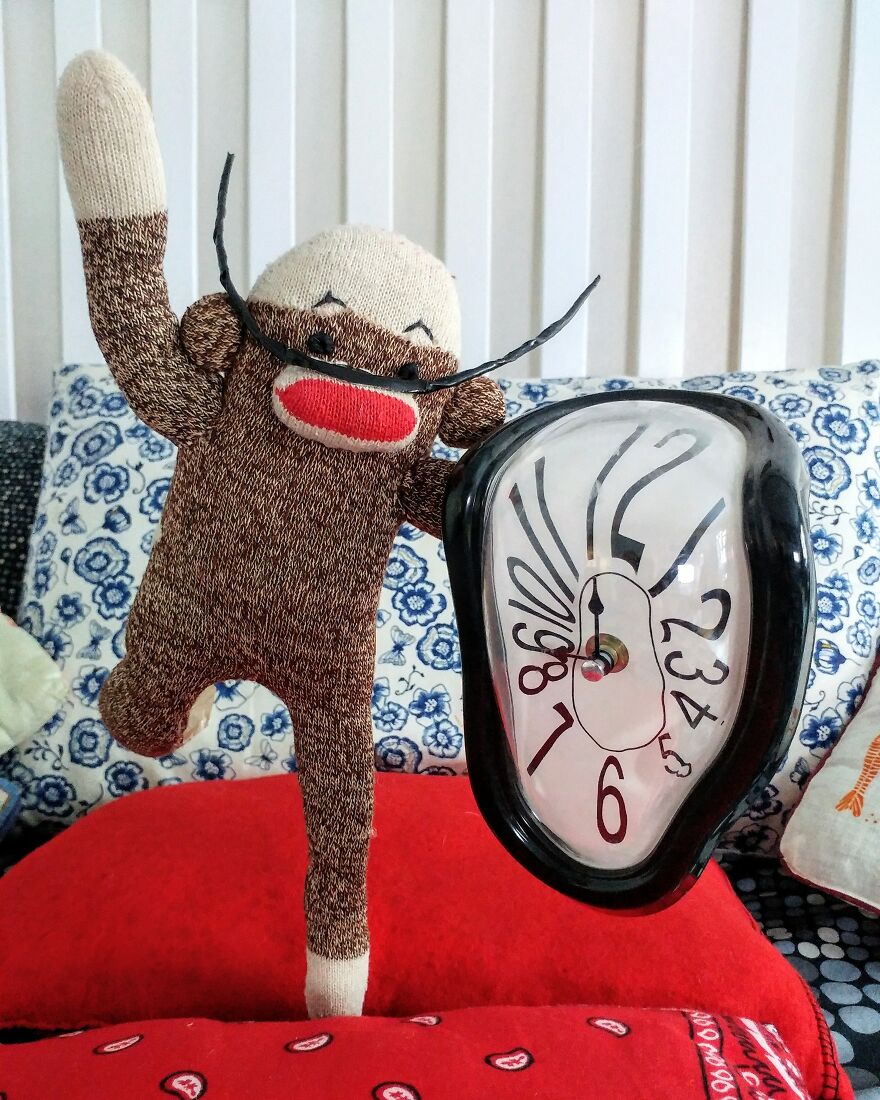 Since Covid Began, I Have Tried To Make My Wife Laugh Every Day By Creating Amusing Situations With A Sock Monkey. Here Are 40.