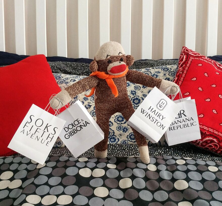 Since Covid Began, I Have Tried To Make My Wife Laugh Every Day By Creating Amusing Situations With A Sock Monkey. Here Are 40.