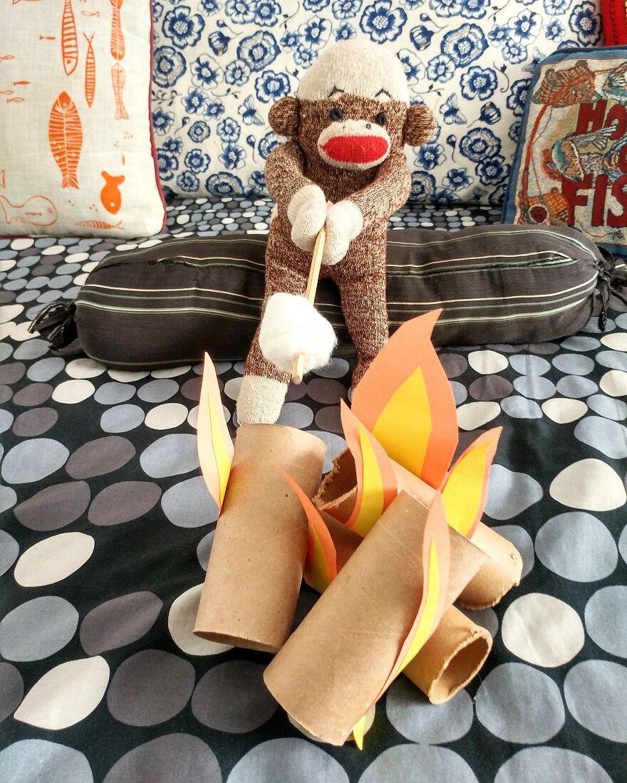 Since Covid Began, I Have Tried To Make My Wife Laugh Every Day By Creating Amusing Situations With A Sock Monkey. Here Are 40.