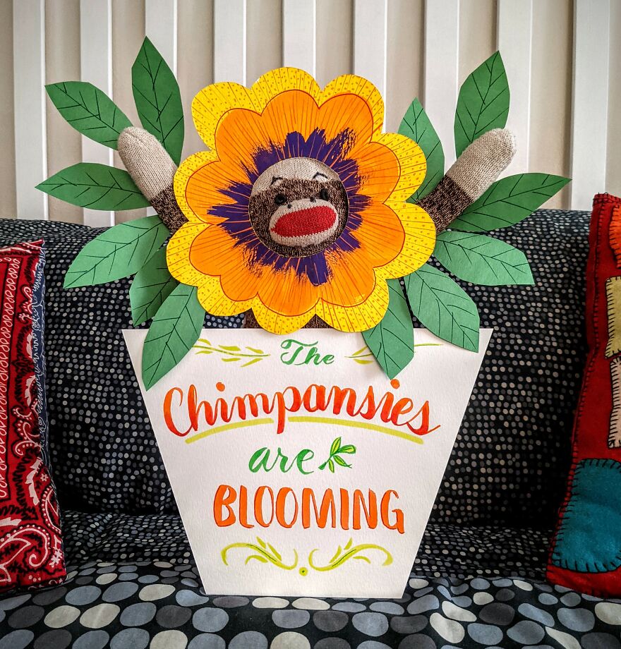 Since Covid Began, I Have Tried To Make My Wife Laugh Every Day By Creating Amusing Situations With A Sock Monkey. Here Are 40.