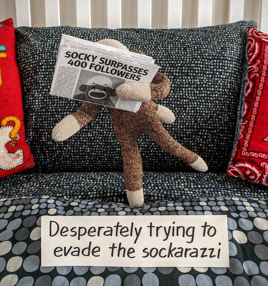 Since Covid Began, I Have Tried To Make My Wife Laugh Every Day By Creating Amusing Situations With A Sock Monkey. Here Are 40.
