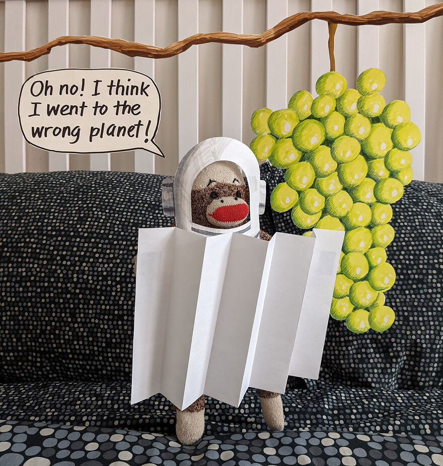 Since Covid Began, I Have Tried To Make My Wife Laugh Every Day By Creating Amusing Situations With A Sock Monkey. Here Are 40.