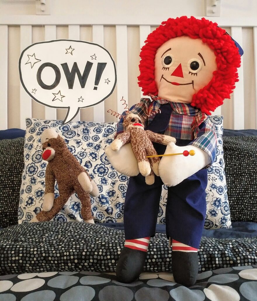 Since Covid Began, I Have Tried To Make My Wife Laugh Every Day By Creating Amusing Situations With A Sock Monkey. Here Are 40.