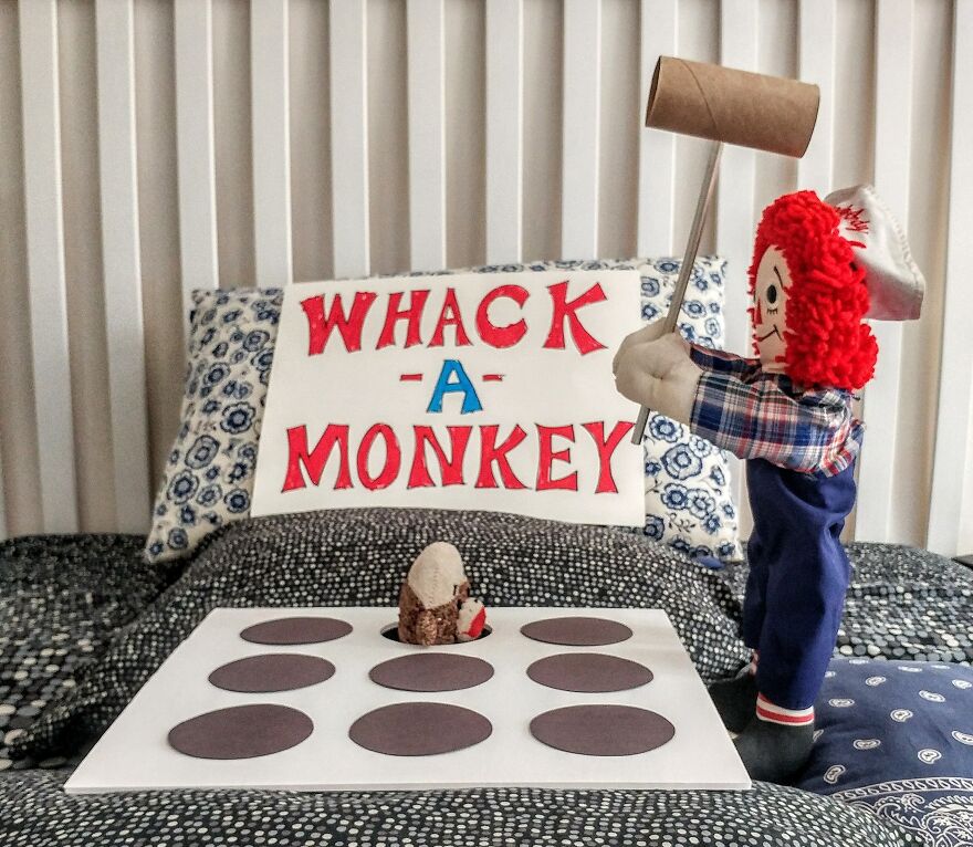 Since Covid Began, I Have Tried To Make My Wife Laugh Every Day By Creating Amusing Situations With A Sock Monkey. Here Are 40.