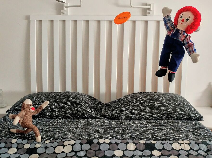 Since Covid Began, I Have Tried To Make My Wife Laugh Every Day By Creating Amusing Situations With A Sock Monkey. Here Are 40.