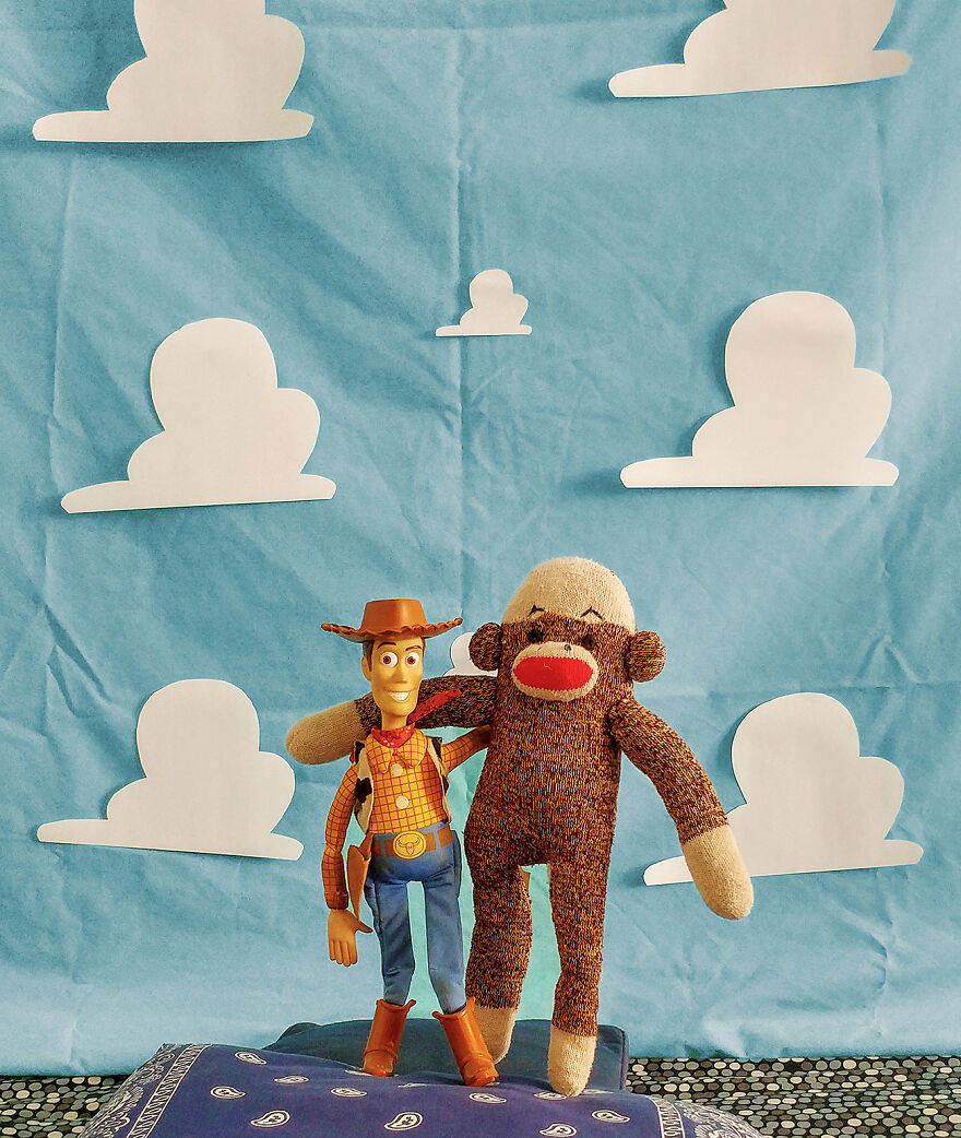 Since Covid Began, I Have Tried To Make My Wife Laugh Every Day By Creating Amusing Situations With A Sock Monkey. Here Are 40.