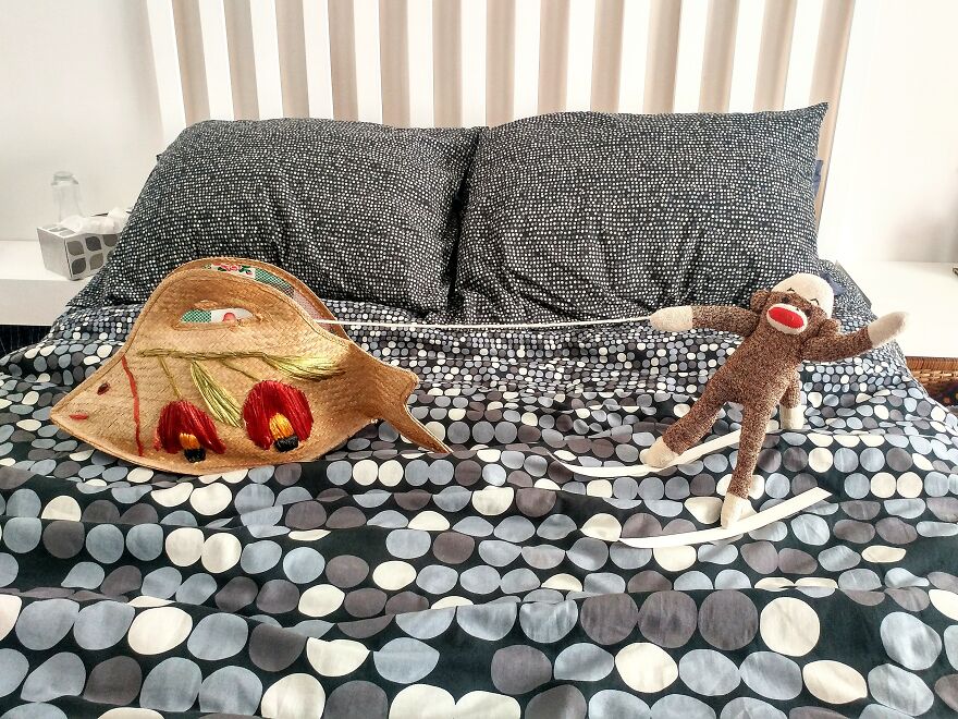 Since Covid Began, I Have Tried To Make My Wife Laugh Every Day By Creating Amusing Situations With A Sock Monkey. Here Are 40.