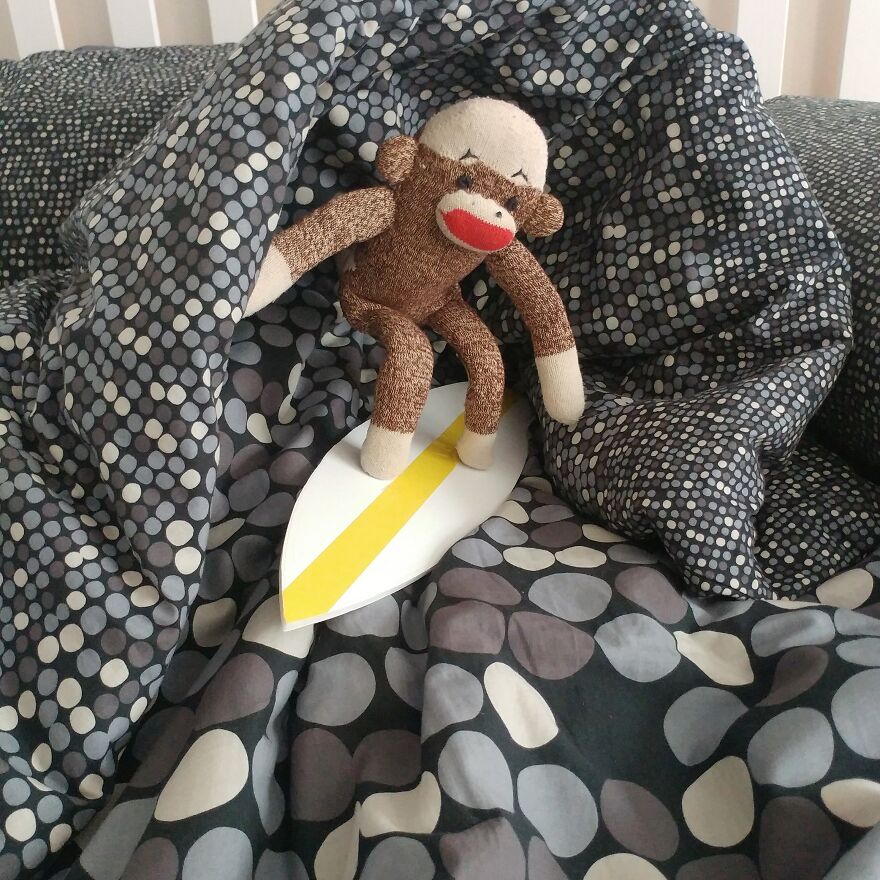 Since Covid Began, I Have Tried To Make My Wife Laugh Every Day By Creating Amusing Situations With A Sock Monkey. Here Are 40.