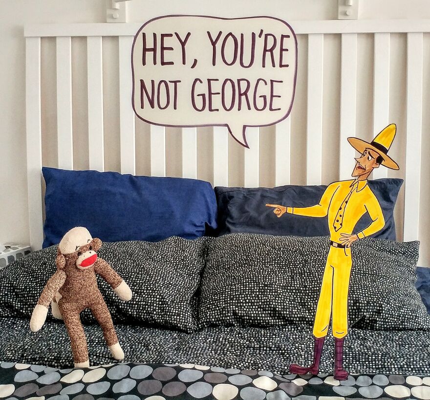 Since Covid Began, I Have Tried To Make My Wife Laugh Every Day By Creating Amusing Situations With A Sock Monkey. Here Are 40.