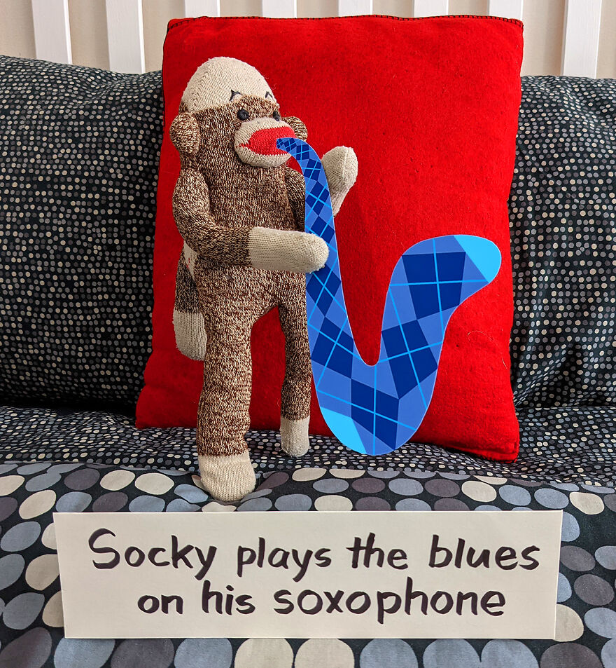 Since Covid Began, I Have Tried To Make My Wife Laugh Every Day By Creating Amusing Situations With A Sock Monkey. Here Are 40.