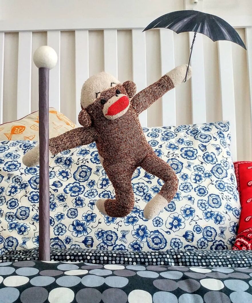 Since Covid Began, I Have Tried To Make My Wife Laugh Every Day By Creating Amusing Situations With A Sock Monkey. Here Are 40.