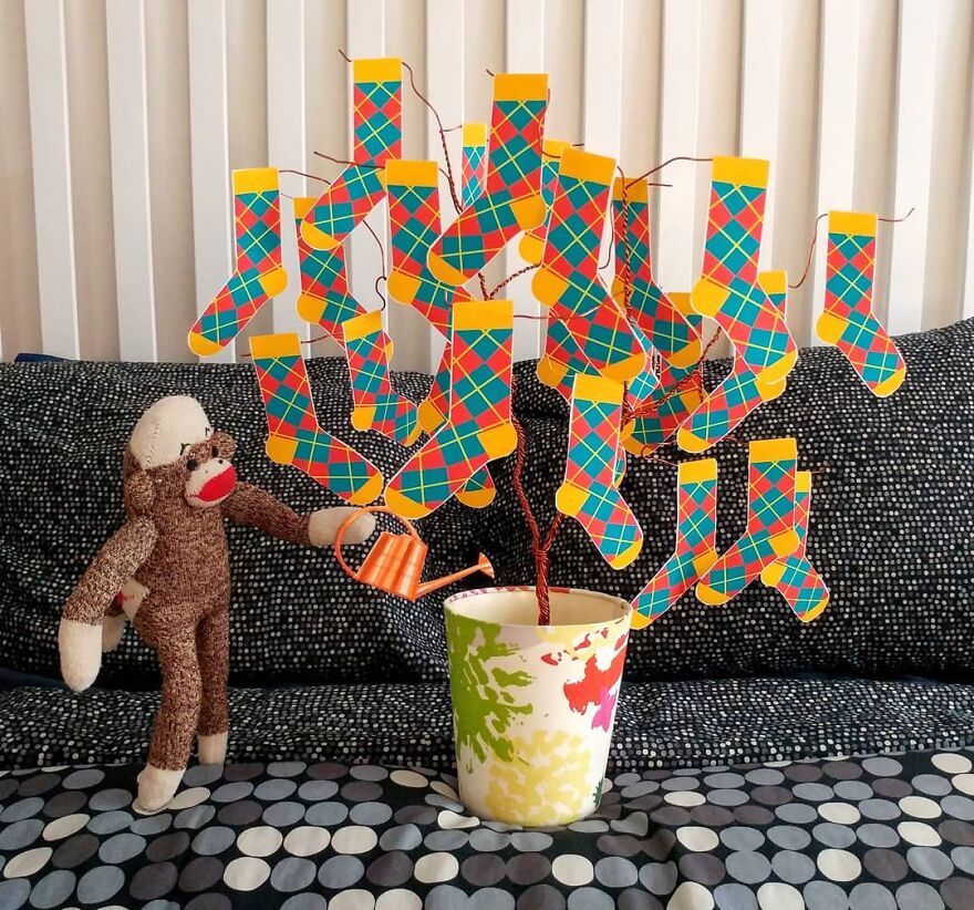Since Covid Began, I Have Tried To Make My Wife Laugh Every Day By Creating Amusing Situations With A Sock Monkey. Here Are 40.