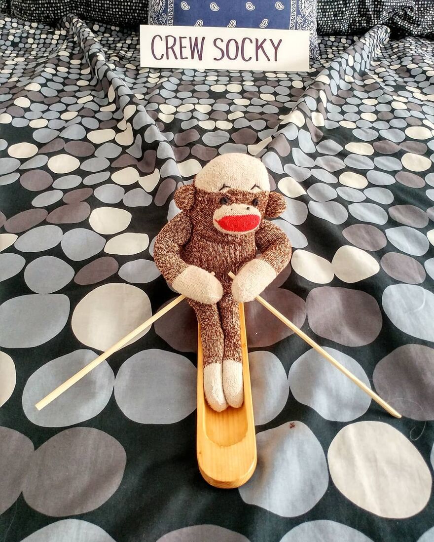 Since Covid Began, I Have Tried To Make My Wife Laugh Every Day By Creating Amusing Situations With A Sock Monkey. Here Are 40.