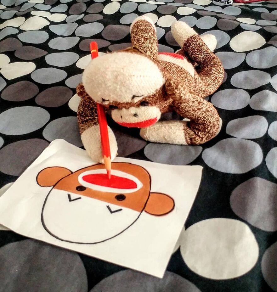 Since Covid Began, I Have Tried To Make My Wife Laugh Every Day By Creating Amusing Situations With A Sock Monkey. Here Are 40.