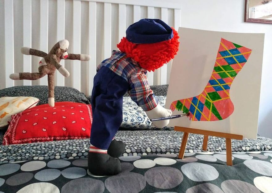 Since Covid Began, I Have Tried To Make My Wife Laugh Every Day By Creating Amusing Situations With A Sock Monkey. Here Are 40.