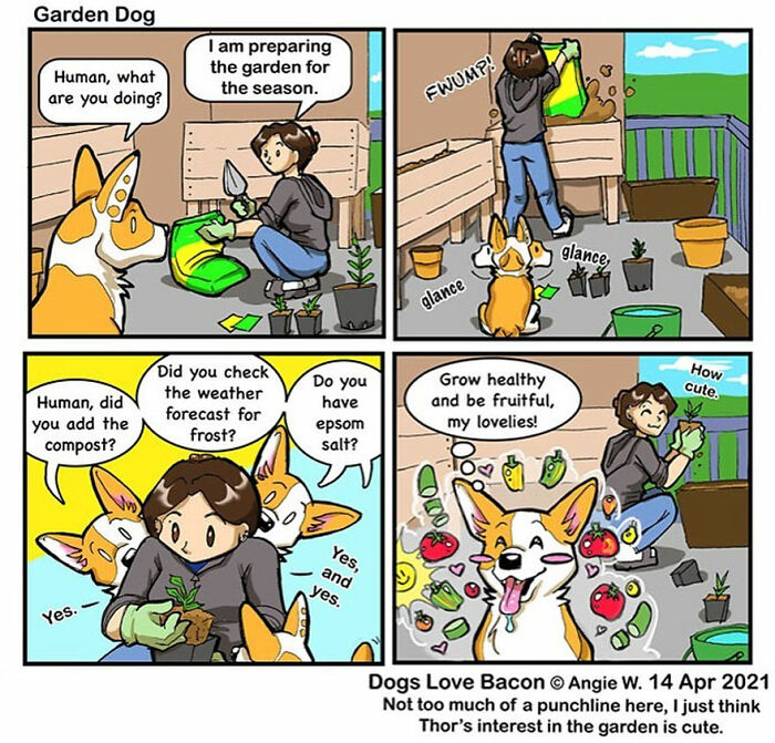 Comic strip showing life with two adopted dogs helping in the garden, capturing relatable rescue tales moments.
