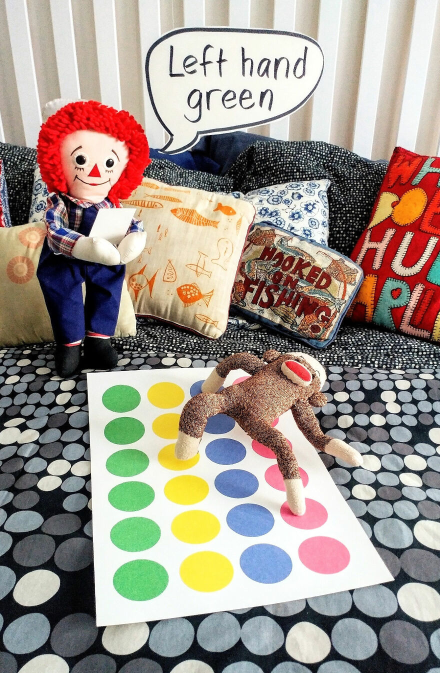 Since Covid Began, I Have Tried To Make My Wife Laugh Every Day By Creating Amusing Situations With A Sock Monkey. Here Are 40.