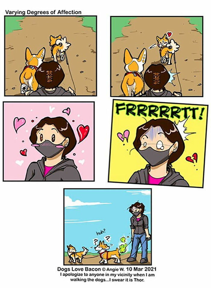 Comic strip about life with two adopted dogs showing humor and varying degrees of affection during a walk outside.