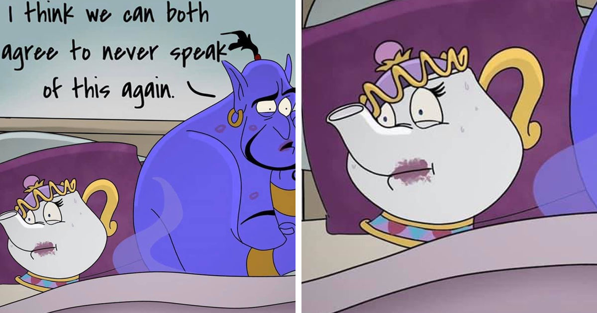 Cartoon of a teapot with lipstick and a blue genie agreeing to never speak of an event, inappropriate comics humor.