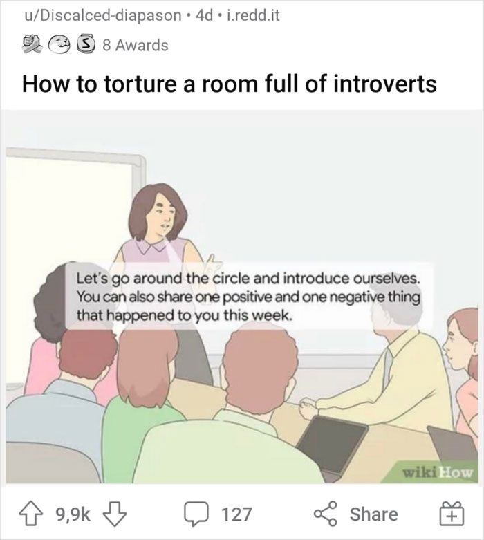 WikiHow image with people in a meeting, featuring a humorous caption about introverts introducing themselves.