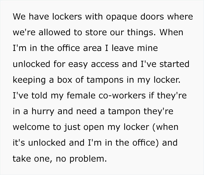 Male Colleague Complains About Seeing A ‘Disgusting’ Tampon Box In Woman’s Locker, So She Makes The Box Look Even More ‘Extra’ Male Colleague Complains About Seeing A ‘Disgusting’ Tampon Box In Woman’s Locker, So She Makes The Box Look Even More ‘Extra’