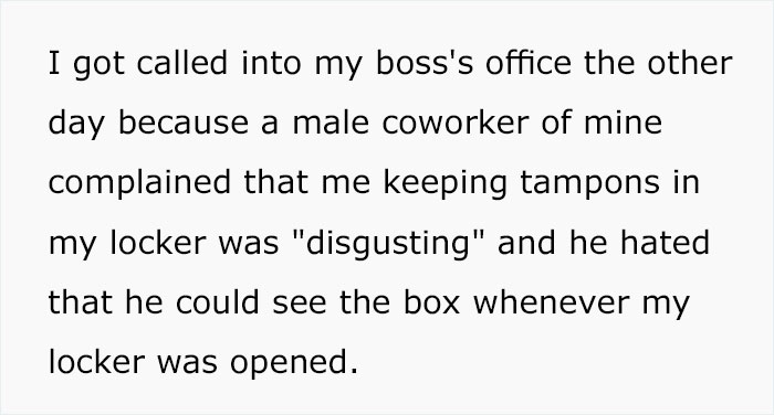Male Colleague Complains About Seeing A &lsquo;Disgusting&rsquo; Tampon Box In Woman&rsquo;s Locker, So She Makes The Box Look Even More &lsquo;Extra&rsquo;