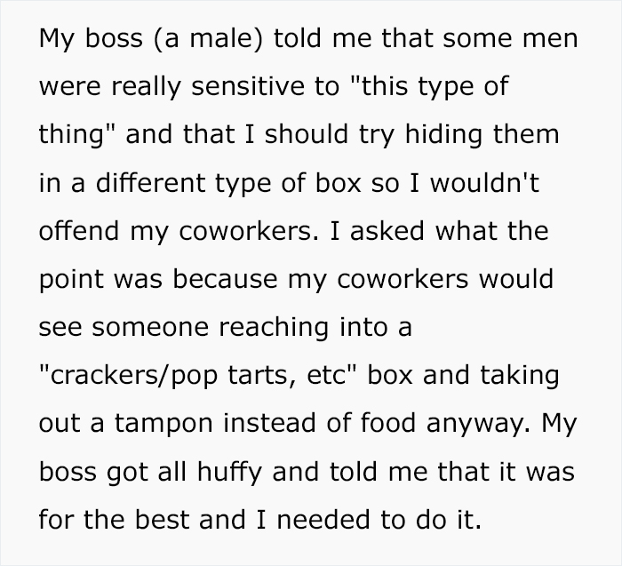 Male Colleague Complains About Seeing A &lsquo;Disgusting&rsquo; Tampon Box In Woman&rsquo;s Locker, So She Makes The Box Look Even More &lsquo;Extra&rsquo;